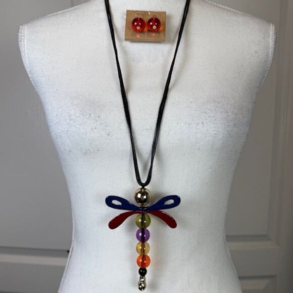 NWT Dragonfly Statement Necklace and Earrings Set Multicolor w/Gold Tone - Picture 1 of 8
